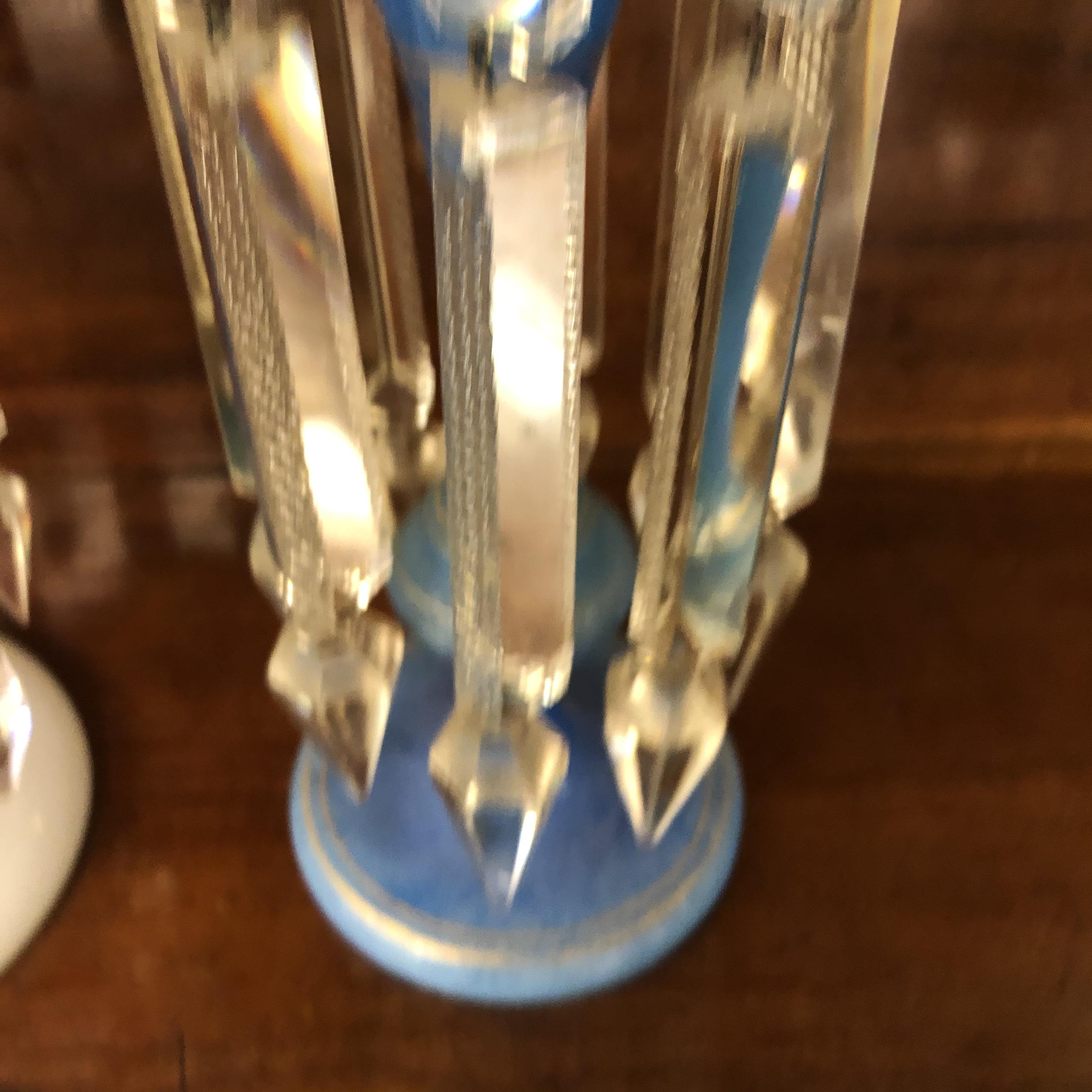 VICTORIAN OPALINE AND TURQUOISE CRIMPED LUSTRE WITH PENDANT DROPPERS AND A BLUE AND GILDED LUSTRE - Image 2 of 5