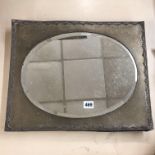 LARGE SILVER OVAL EASEL BACKED MIRROR WITH APPLIED FOLIATE BORDER A/F 45CM X 35CM APPROX