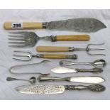 SILVER AND BONE HANDLED PICKLE FORK, ONE OTHER AND SELECTION OF EPNS SERVERS,