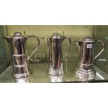 THREE ANTIQUE SHEFFIELD PLATE LIDDED TALL TANKARDS WITH THUMB PIECES AND SCROLL HANDLES