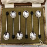 CASED SET OF SIX SILVER COFFEE BEAN FINIAL SPOONS,