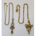 9CT GOLD ART NOUVEAU DESIGN PERIDOT PENDANT ON TRACE CHAIN AND A SIMILAR PERIOD UNMARKED YELLOW