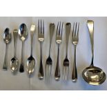 FOUR GEORGE III SILVER FORKS MAKER JB, ONE OTHER LATER FORK, FOUR GEORGIAN TEA SPOONS AND LADLE,