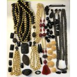 SELECTION OF BEAD LINK NECKLACES,AND BOX OF WHITBY JET AND CARVED BONE BROOCHES,