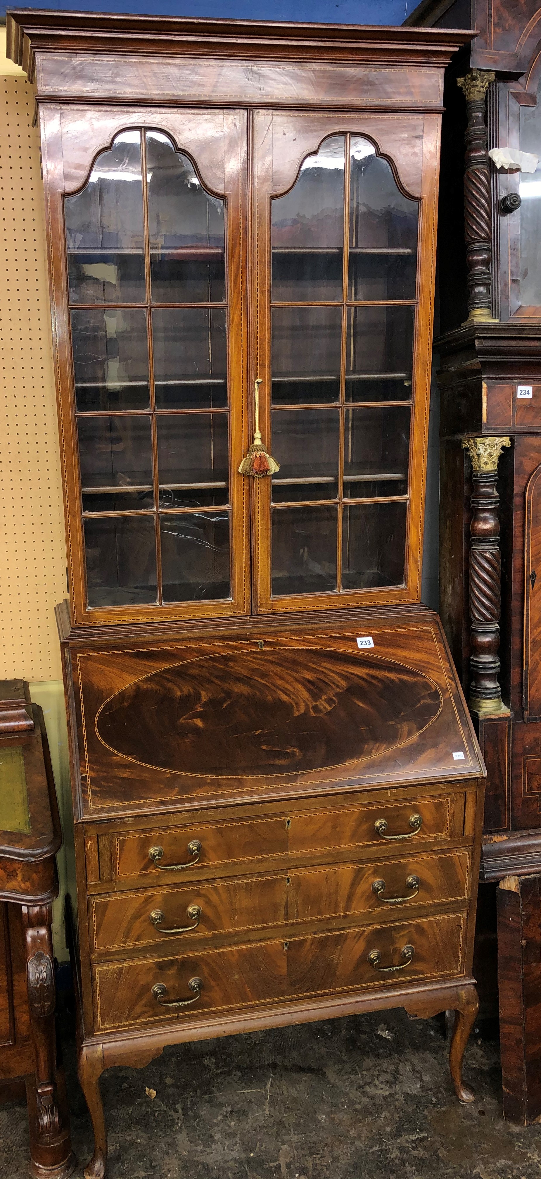 EDWARDIAN MAHOGANY CHEQUER STRUNG BUREAU BOOKCASE 74CM W X 202CM H APPROX