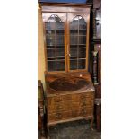 EDWARDIAN MAHOGANY CHEQUER STRUNG BUREAU BOOKCASE 74CM W X 202CM H APPROX