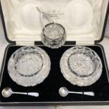 CASED PAIR OF CUT GLASS TABLE SALTS WITH SILVER SALT SPOONS,