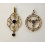 9CT GOLD EDWARDIAN AMETHYST AND SEED PEARL DISK PENDANT AND AN UNMARKED SIMILAR PENDANT 4.