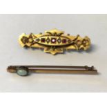 CASED UNMARKED ROSE METAL OPAL BROOCH AND A 9CT GOLD RUBY SEED PEARL AND PHOTO LOCKET BAR BROOCH 6.