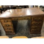 LATE VICTORIAN MAHOGANY KNEEHOLE DESK WITH INSET LEATHER TOP FITTED WITH SLIDES AND NINE DRAWERS