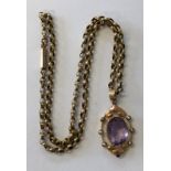 UNMARKED YELLOW METAL AMETHYST AND SEED PEARL OVAL PENDANT ON A BELCHER LINK CHAIN 6.