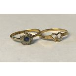 9CT GOLD HEART RING AND A 18CT GOLD SAPPHIRE CLUSTER RING 2G APPROX.