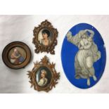 TWO CONTINENTAL KPM STYLE OVAL PLAQUES IN OPEN CARVED WOOD FRAMES,