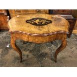 19TH CENTURY FRENCH BURR WALNUT CROSSBANDED FOLIATE MARQUETRY TABLE FITTED WITH A SINGLE DRAWER