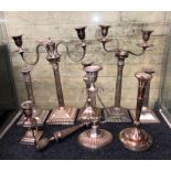 BOX OF 19TH C SHEFFIELD PLATED CORINTHIAN AND TAPERED COLUMN CANDLE STICKS,