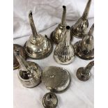 SHOEBOX OF LATE GEORGIAN EARLY VICTROIAN SHEFFIELD AND PLATED WINE FUNNELS,