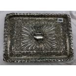 SILVER RECTANGULAR DRESSING TABLE TRAY EMBOSSED OVERALL WITH RAISED CENTRAL ENGRAVED CARTOUCHE