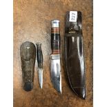 BUTCHER & WADE HUNTING KNIFE AND A PARING KNIFE IN LEATHER SHEATHS
