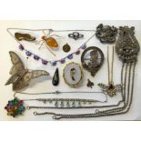 BAG OF DRESS JEWELLERY- AGATE PINCHBECK BROOCH,SEQUINNED BUTTERFLY BROOCH,INSECT HAIR SLIDE,