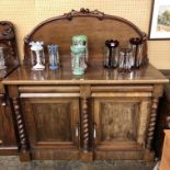 VICTORIAN MAHOGANY CHIFFONIER WITH ARCHED BACK AND BARLEY TWIST COLUMNS 136CM W X 48CM D APPROX