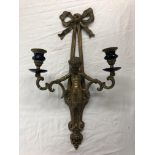 GILT METAL CLASSICAL FIGURAL TWIN BRANCH CANDLE WALL APPLIQUE WITH PORCELAIN DRIP TRAYS,