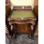 VICTORIAN WALNUT SLANT FRONTED DAVENPORT WITH INSET LEATHER TOP