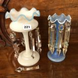 VICTORIAN OPALINE AND TURQUOISE CRIMPED LUSTRE WITH PENDANT DROPPERS AND A BLUE AND GILDED LUSTRE