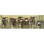 SHELF OF SHEFFIELD AND PLATED TAPERED BARREL AND BELLIED SMALL TANKARDS