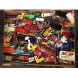 BOX OF PLAYWORN LESNEY, CORGI DIECAST MODEL TOY CARS,