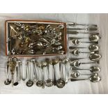 TRAY OF EARLY 19TH CENTURY SHEFFIELD AND PLATED TEA AND DESSERT SPOONS, LADLES AND SIFTERS,