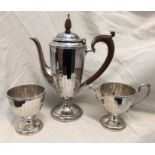 SILVER BACHELOR THREE PIECE PANELLED COFFEE SERVICE, BIRMINGHAM, W GREENWOOD AND SONS 13OZ APPROX.