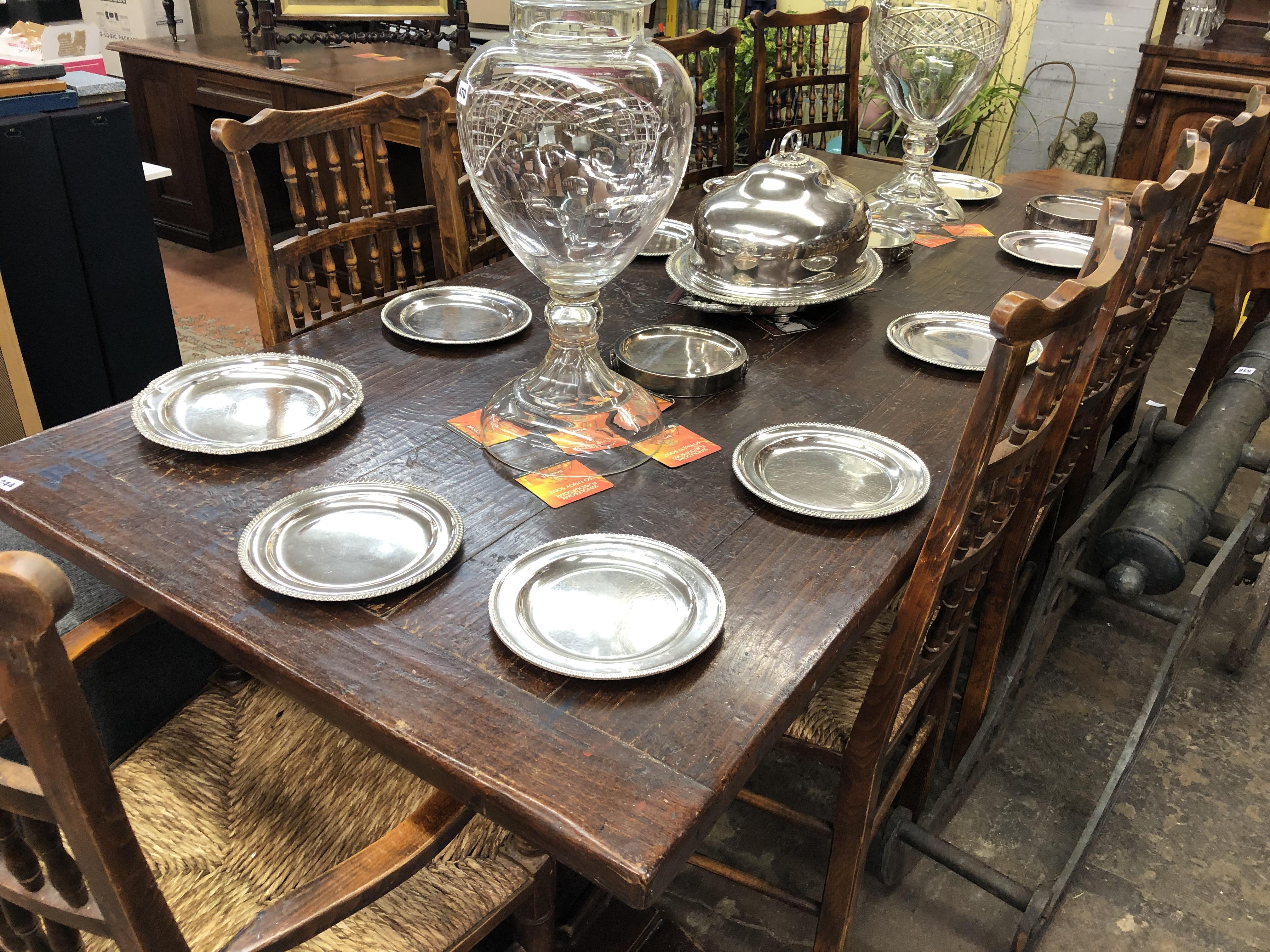 OAK 17TH CENTURY STYLE REFECTORY TABLE WITH CLEATED TOP AND A SET OF EIGHT BEECH,