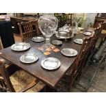 OAK 17TH CENTURY STYLE REFECTORY TABLE WITH CLEATED TOP AND A SET OF EIGHT BEECH,