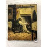 20TH CENTURY OIL ON CANVAS OF A SEATED GENTLEMAN TOASTING IN AN INTERIOR SCENE,