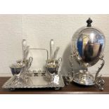 DIXON ELECTRO PLATED SPIRIT EGG WARMER AND AN EGG CUP CRUET WITH SPOONS