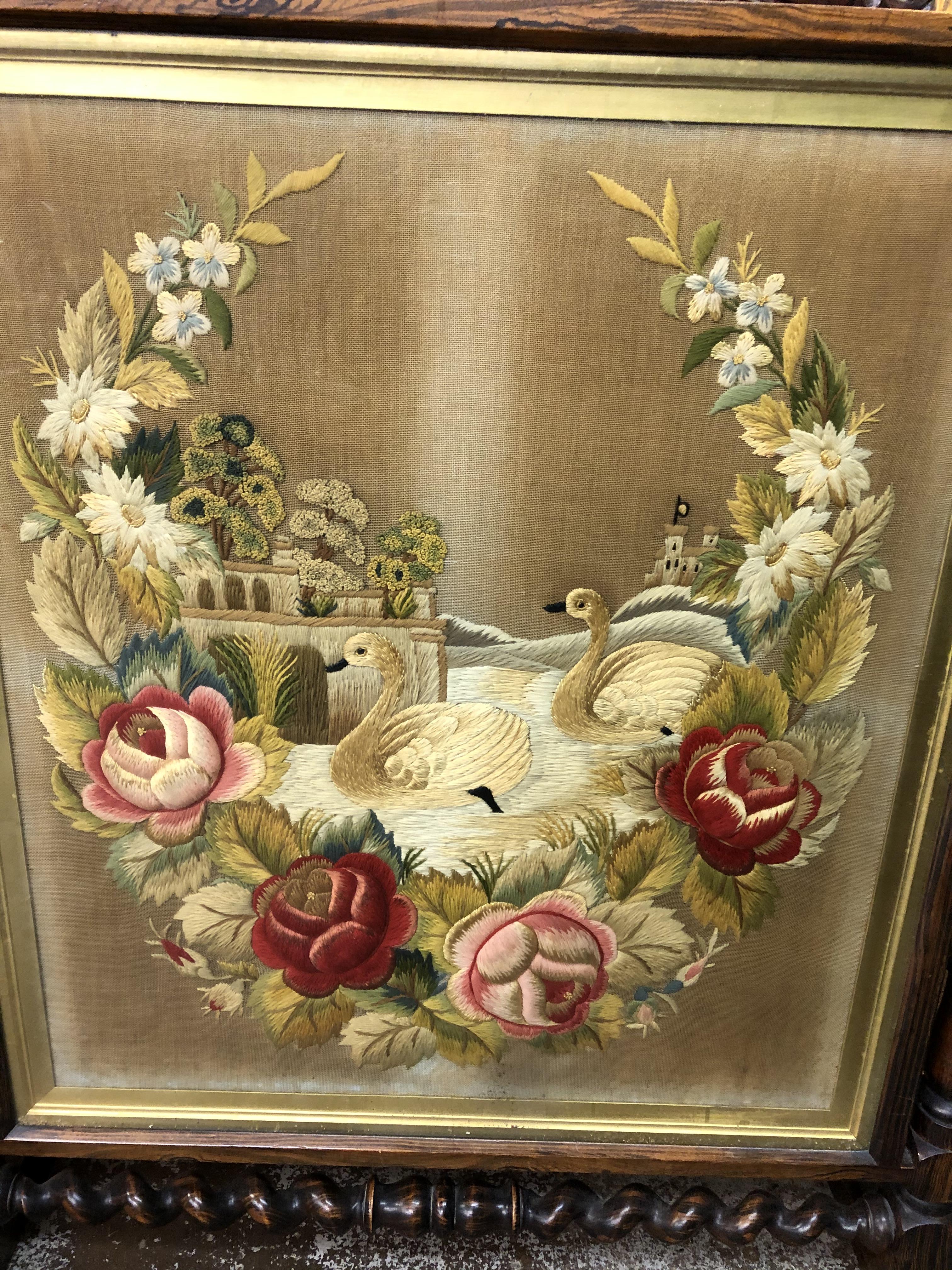 ROSEWOOD BARLEY TWIST FRAMED FIRE SCREEN WITH BERLIN NEEDLEWORK PANEL OF SWANS AND ROSES 74CM W X - Image 2 of 4