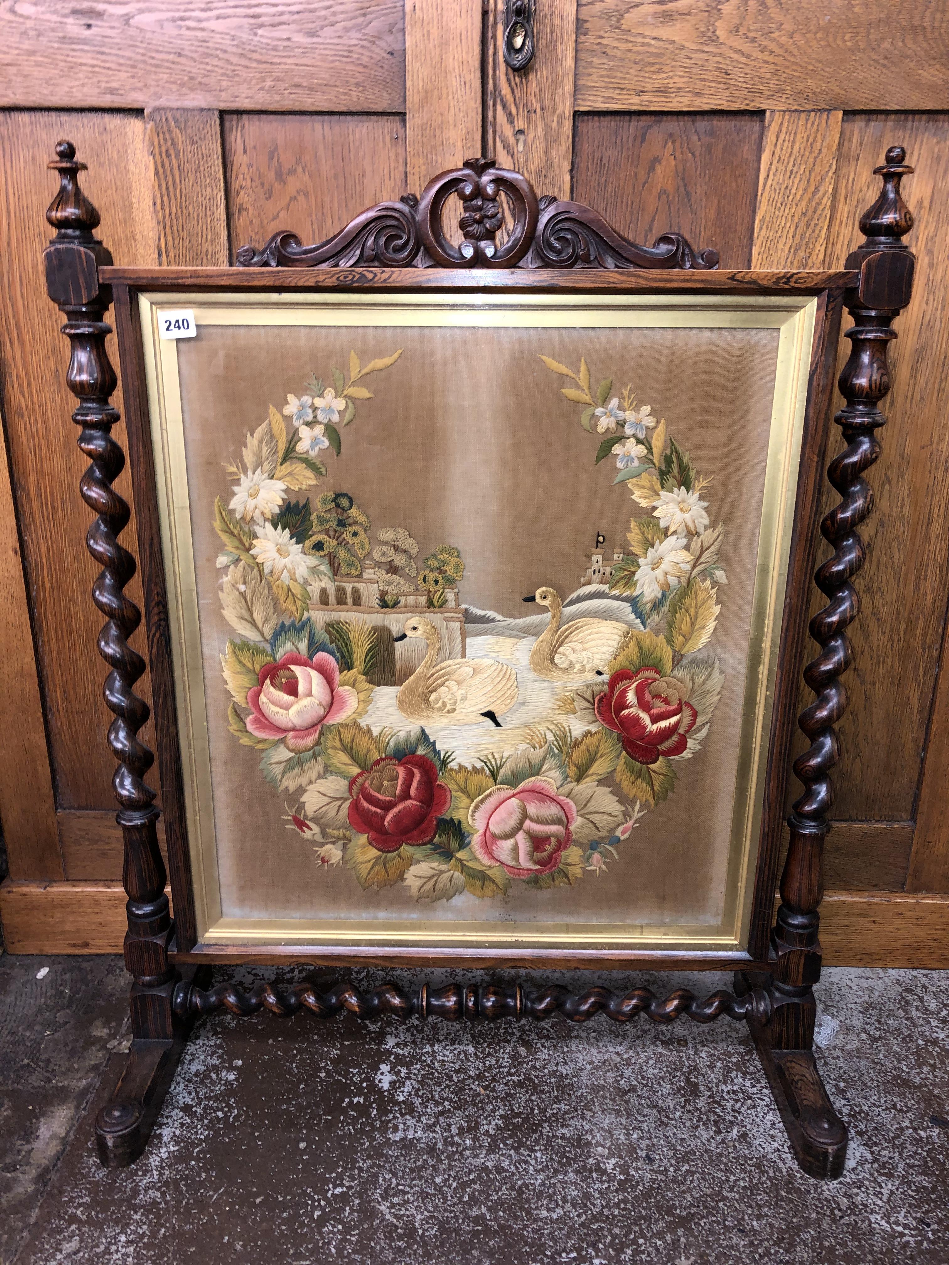 ROSEWOOD BARLEY TWIST FRAMED FIRE SCREEN WITH BERLIN NEEDLEWORK PANEL OF SWANS AND ROSES 74CM W X