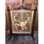 ROSEWOOD BARLEY TWIST FRAMED FIRE SCREEN WITH BERLIN NEEDLEWORK PANEL OF SWANS AND ROSES 74CM W X