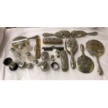 FOUR GLASS SILVER TOPPED CONDIMENTS, SILVER PEPPERETTES,