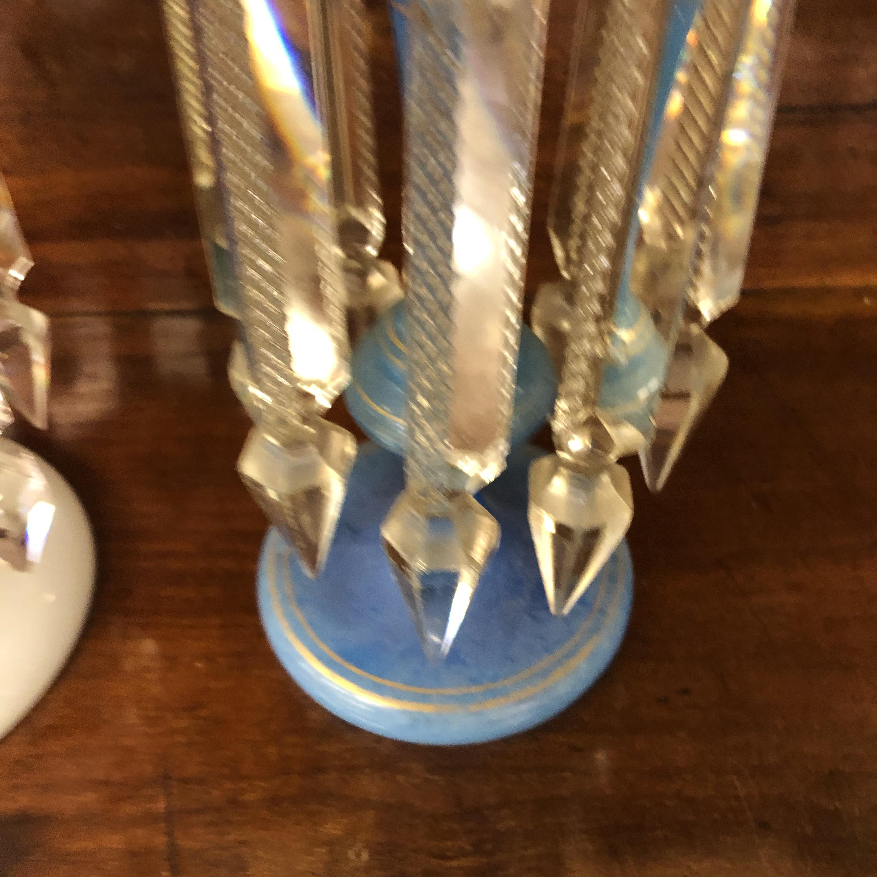 VICTORIAN OPALINE AND TURQUOISE CRIMPED LUSTRE WITH PENDANT DROPPERS AND A BLUE AND GILDED LUSTRE - Image 3 of 5