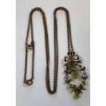 9CT ROSE GOLD BOW TIED GARLAND PERIDOT SEED PEARL AND OPAL PENDANT ON TRACE CHAIN 6.