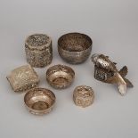 Four Eastern Silver Boxes and Three Bowls, late 19th/early 20th century, fish box height 3.6 in — 9.