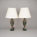 Pair of Belgian Ormolu Mounted Verde Antique Marble Urn Form Table Lamps, mid 20th century, height 2