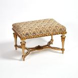 Louis XVI Style Painted and Parcel Gilt Bench, early 20th century, 18 x 28 x 20 in — 45.7 x 71.1 x 5