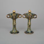 Pair of Moorcroft Green and Gold Florian Small Covered Bonbonnières, c.1903, height 7.4 in — 18.8 cm