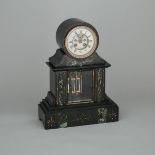 French Verde Antico Inlaid Belgian Black Marble Mantle Clock, late 19th century, height 17.25" — 43.