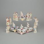 Two Pairs of Continental Porcelain Double Salt Cellars and Nine Small Figures, late 19th/20th centur