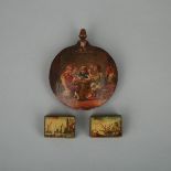 Continental Painted Boxwood Snuff Flask and Two Painted Match Box Cases, early 19th century, flask d