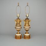 Pair of Louis XVI Style White Marble Mounted Gilt Bronze Table Lamps, mid 20th century, height 31.5