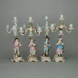 Two Pairs of Meissen Shepherd and Shepherdess Four-Light Candelabra, late 19th century, height 19.7